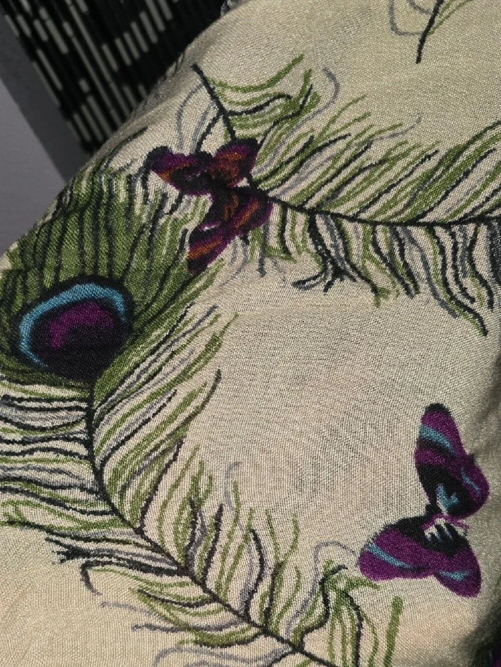 Cream Peacock Feather Print Scarf with Purple Butterfly Accents